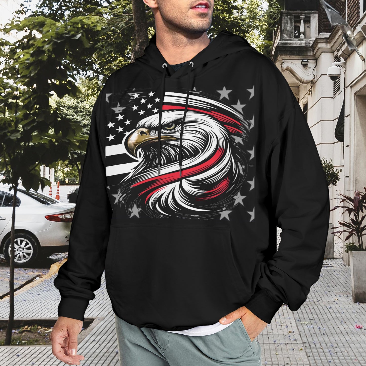 Thin Red Line Flag Inspired Eagle Men's Hoodie (Made in the USA)