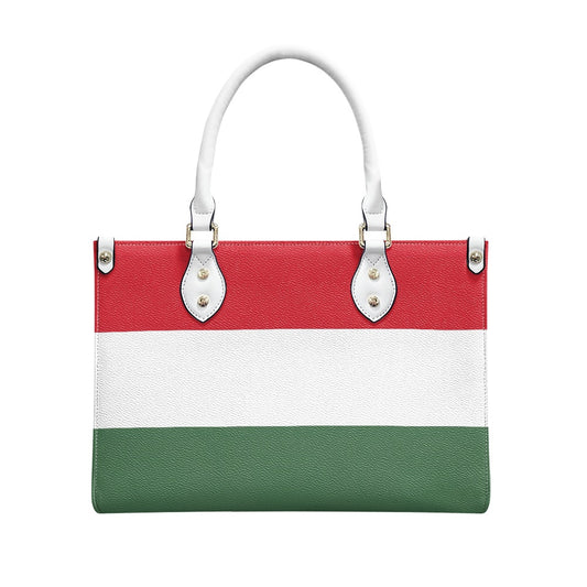 [Brand] handbag with red, white, green striped design.