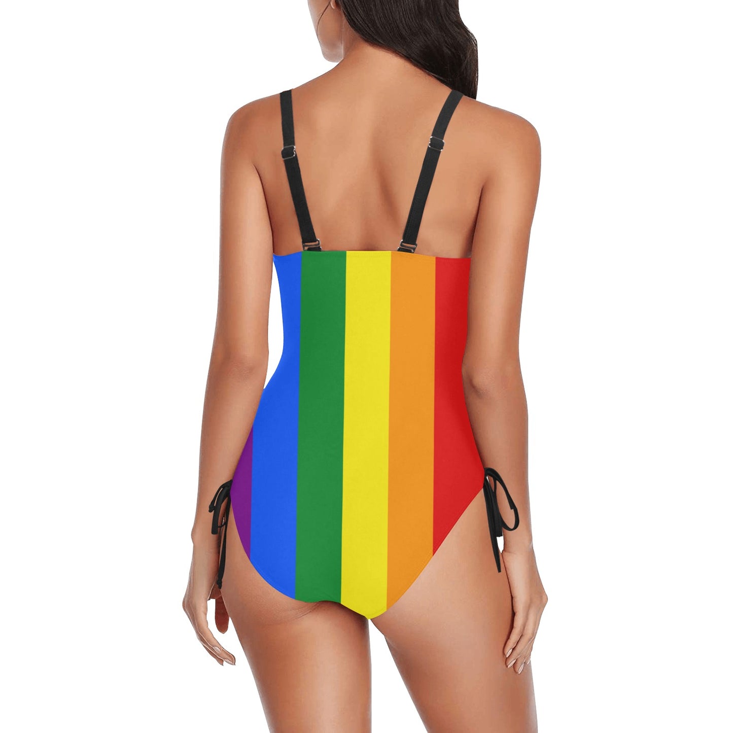 Rainbow Flag Inspired Drawstring Side One-Piece Swimsuit