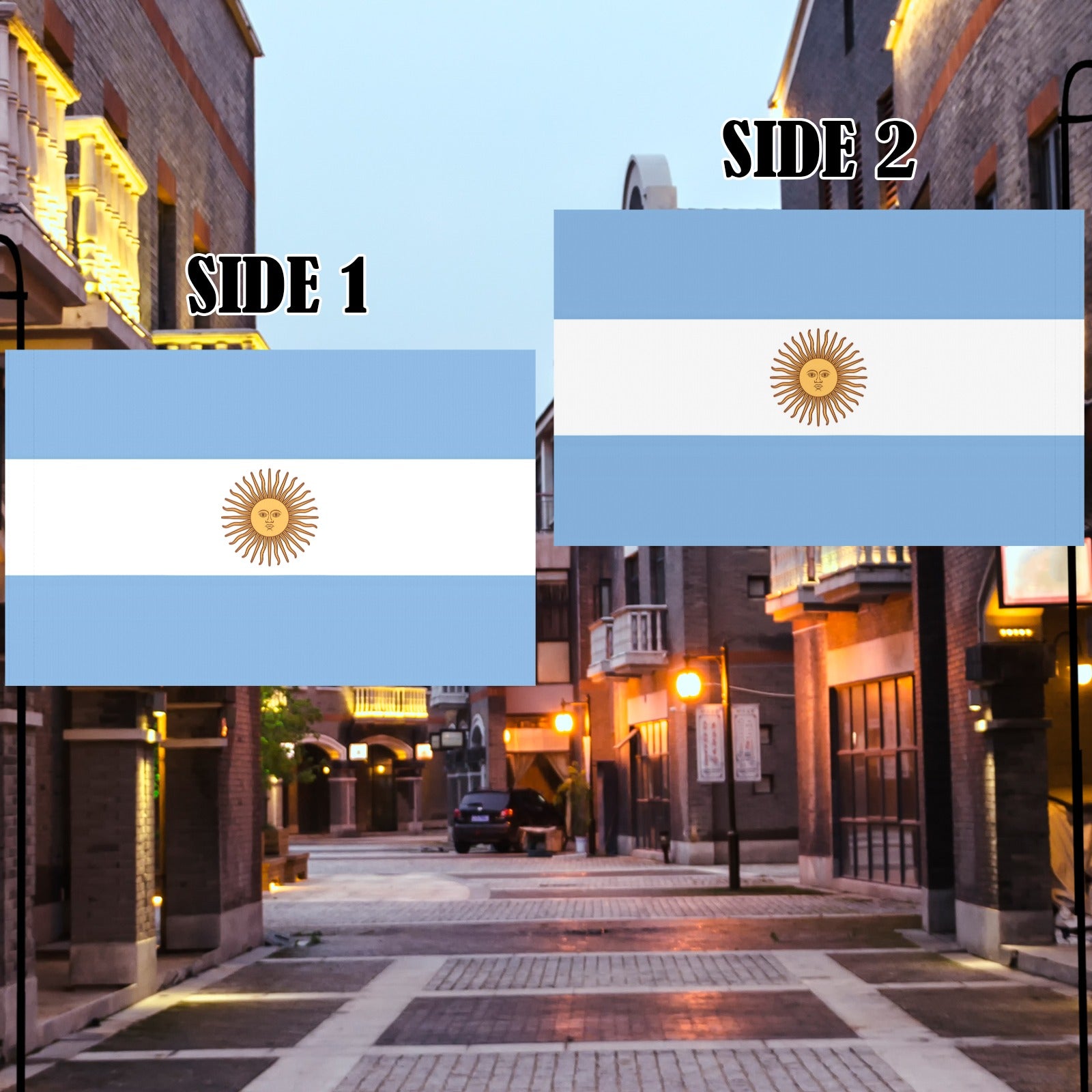 Street scene with two Argentine flags, [Luv My Flag].