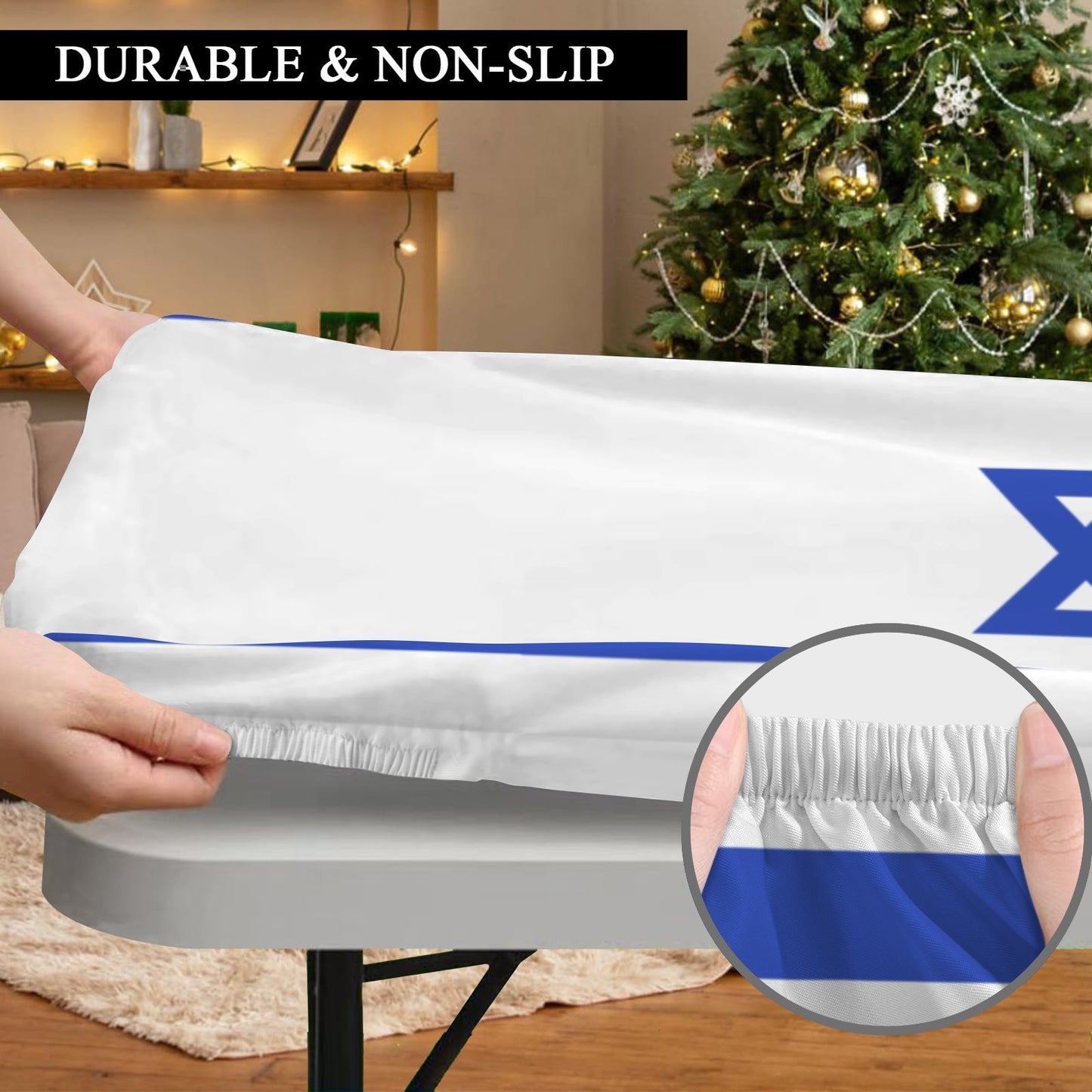 Israel Flag Inspired Custom Elastic Fitted Tablecloth 72x30 inch (Made in the USA)