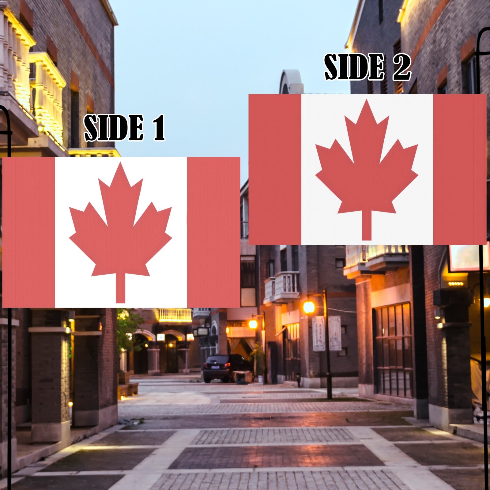 Luv My Flag's Canadian flag design displayed on street.