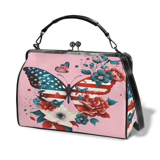 USA/American Flag Inspired Butterfly Kisslock Crossbody Shoulder Bag-Large