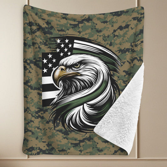Thin Green Line Flag Inspired Eagle on Digital Camo Sherpa Fleece Blanket 90" x 108" | Prtinted in the USA