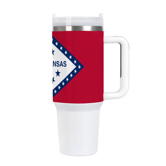 [Brand] travel mug featuring Arkansas flag design, white handle.