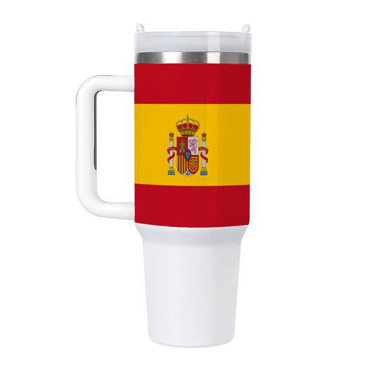 [Brand] white travel mug with Spanish flag design print.
