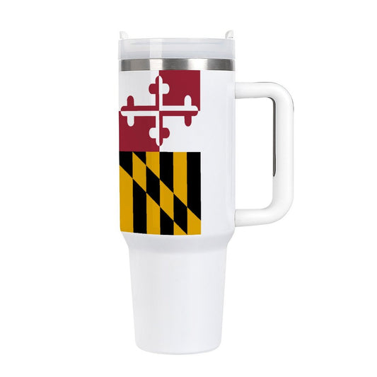 [Brand] travel mug featuring Maryland flag design, white background.
