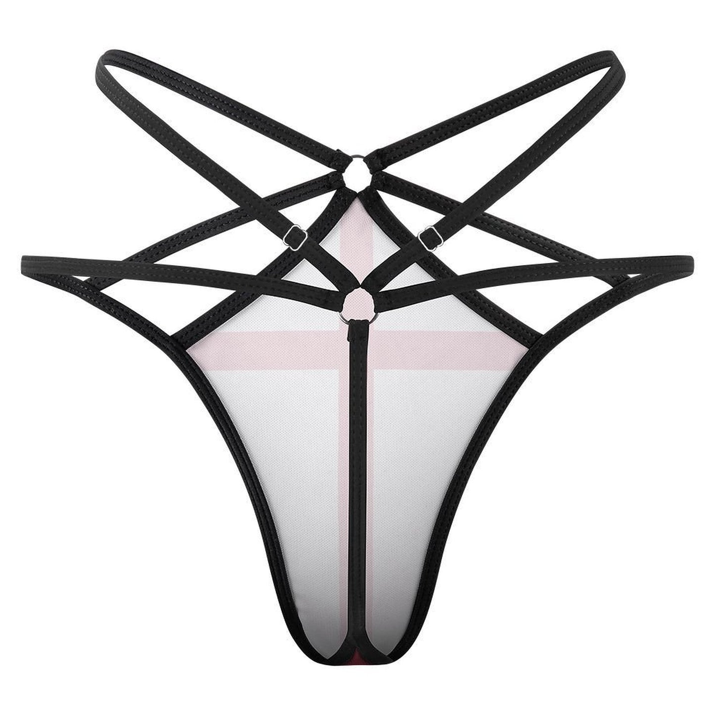 Black strappy lingerie with geometric design from [Brand].