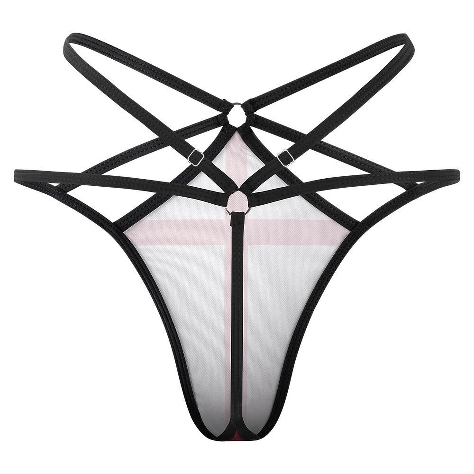 Black strappy lingerie with geometric design from [Brand].