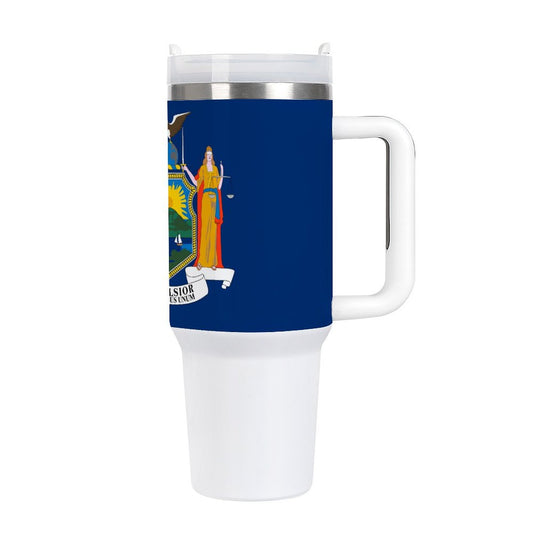 White travel mug featuring New York State flag design. [Brand]