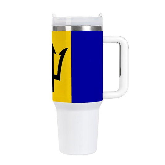 [Brand] travel mug featuring Barbados flag design, sturdy handle.