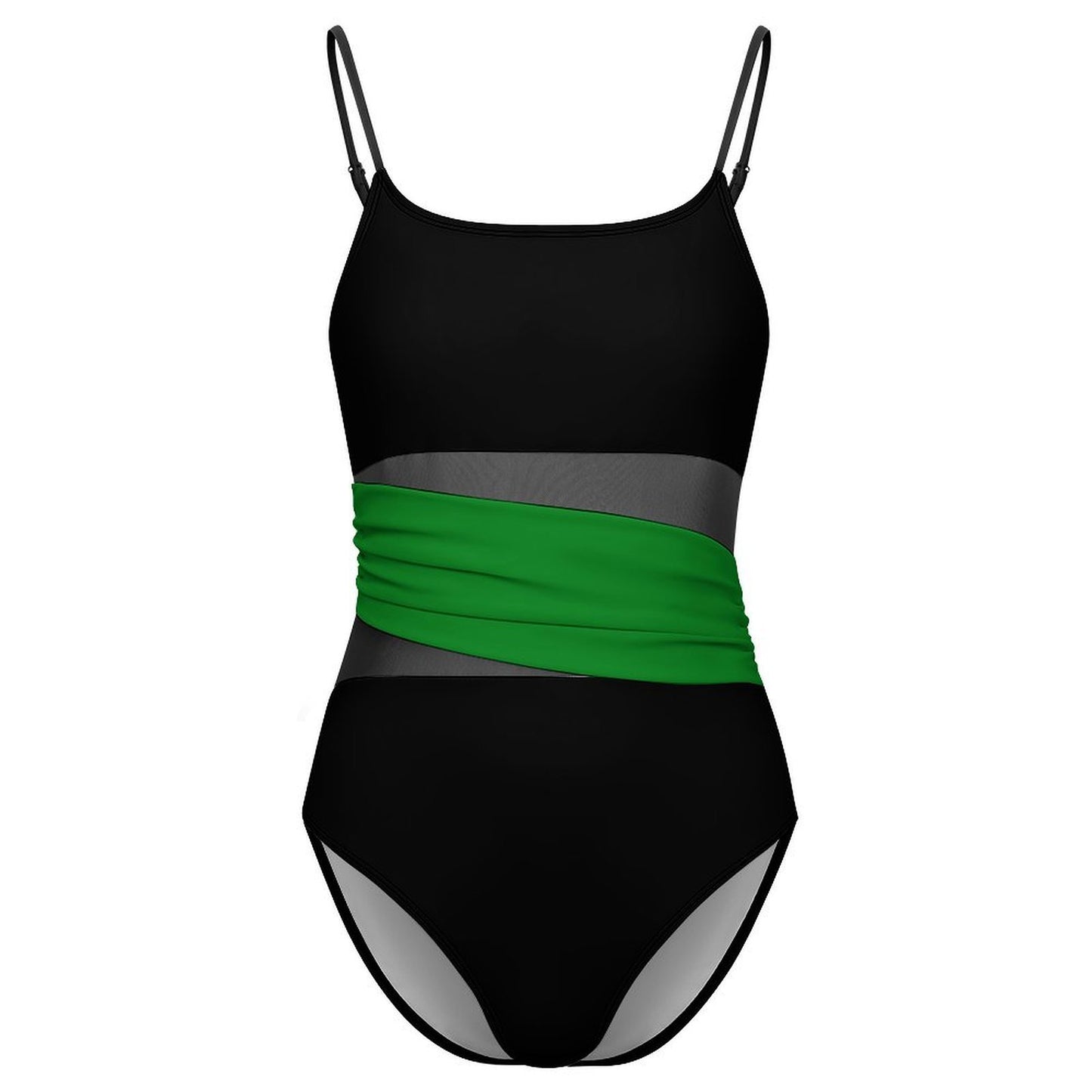Thin Green Line Flag Inspired Women's Square Neck Mesh Spliced One Piece Swimsuit
