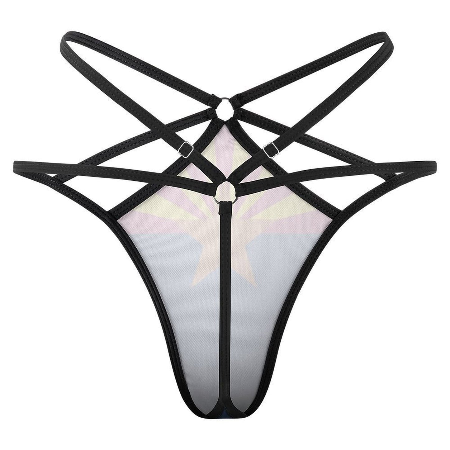 Black strappy lingerie with abstract design from [Brand].