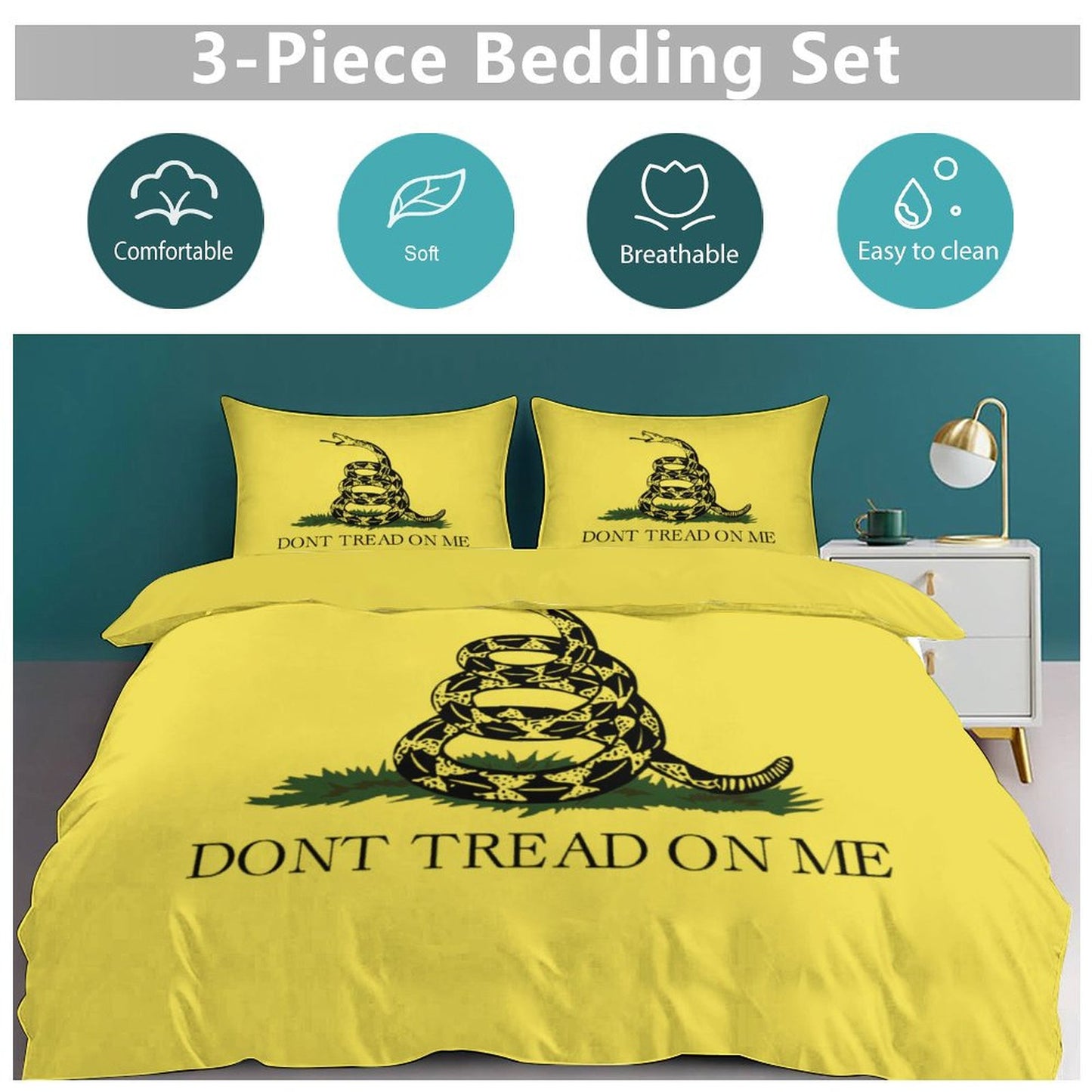 Gadsden Flag Inspired 3-Piece Bedding Set (1 Duvet Cover + 2 Pillow Shams) – 102"×90"