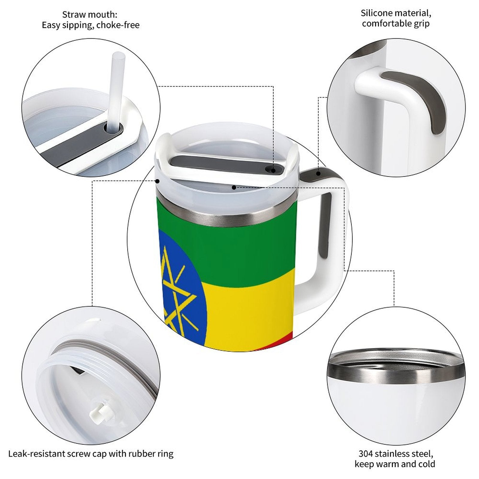 [Brand] cup with flag design, silicone grip, and straw.