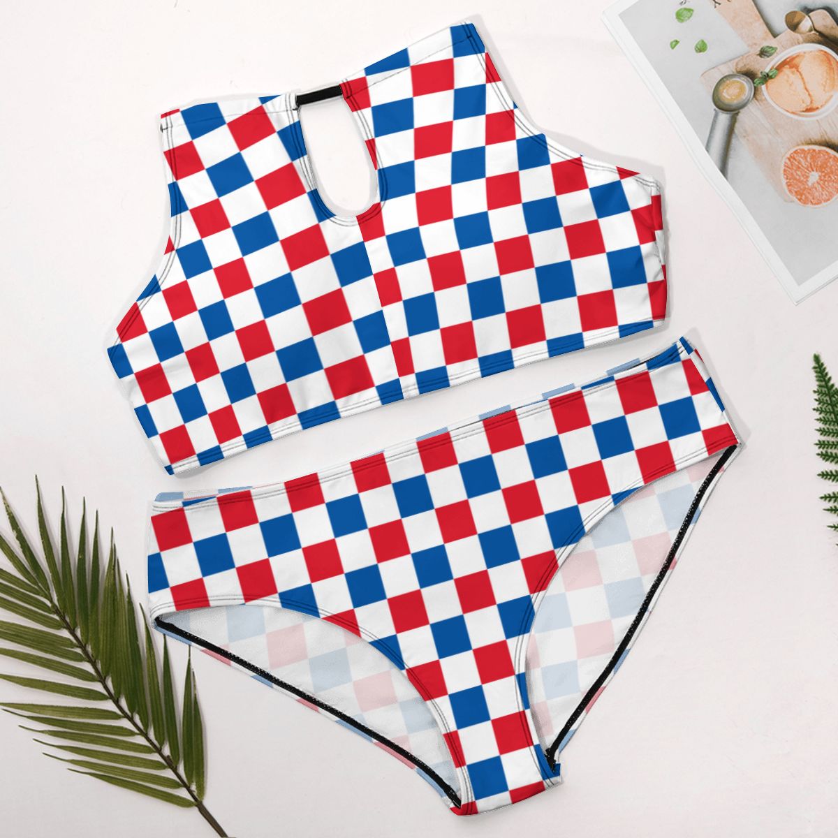 USA/American Flag Inspired Checkered Pattern Plus Size High Waisted Bikini