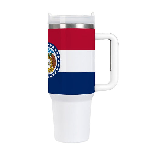[Brand] mug with Missouri flag design, white handle, lid.