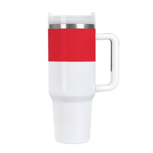 White and red [Brand] travel mug with handle and lid.