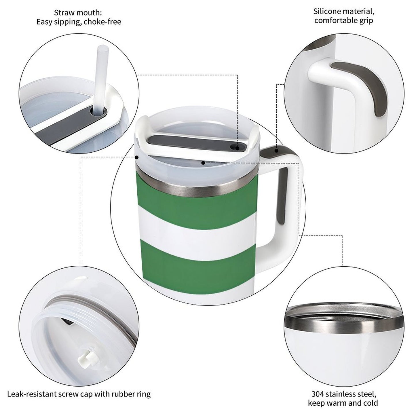[Brand] green striped insulated mug with straw, silicone grip.