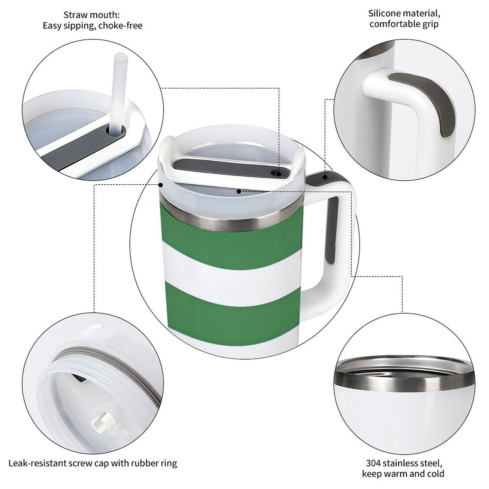[Brand] green striped insulated mug with straw, silicone grip.