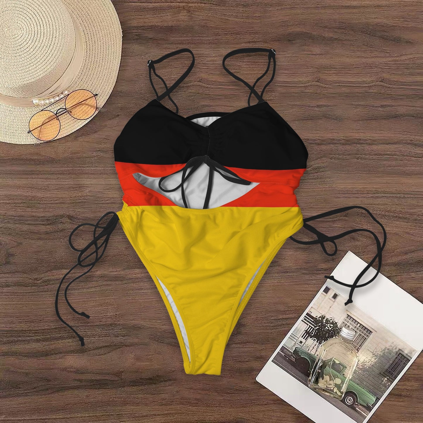 Germany Flag Inspired Women's Drawstring Cutout One Piece Swimsuit