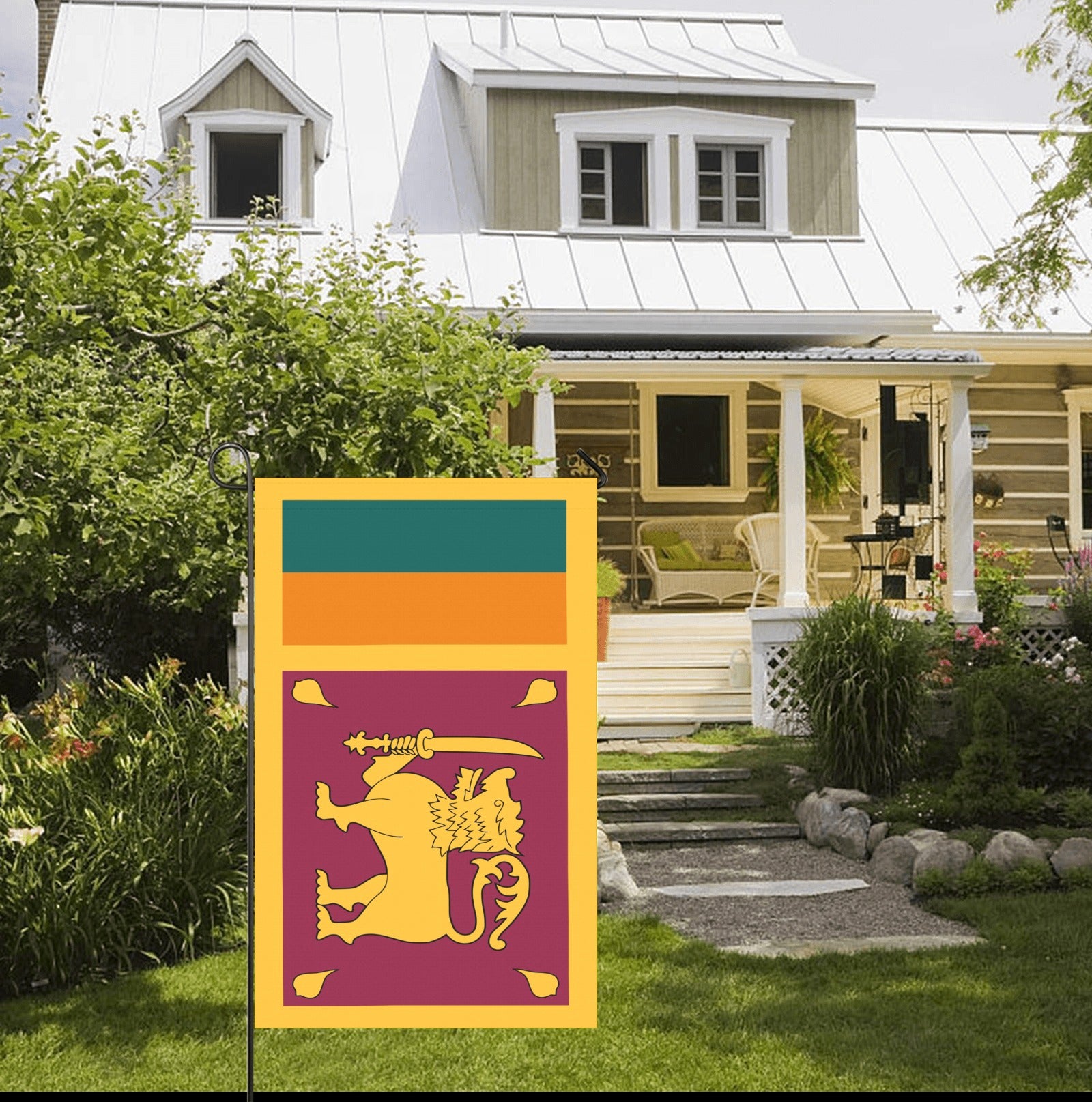 Luv My Flag garden flag with lion outside cozy house.