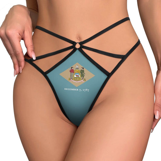 A model wears [Brand] lingerie with Delaware state flag design.