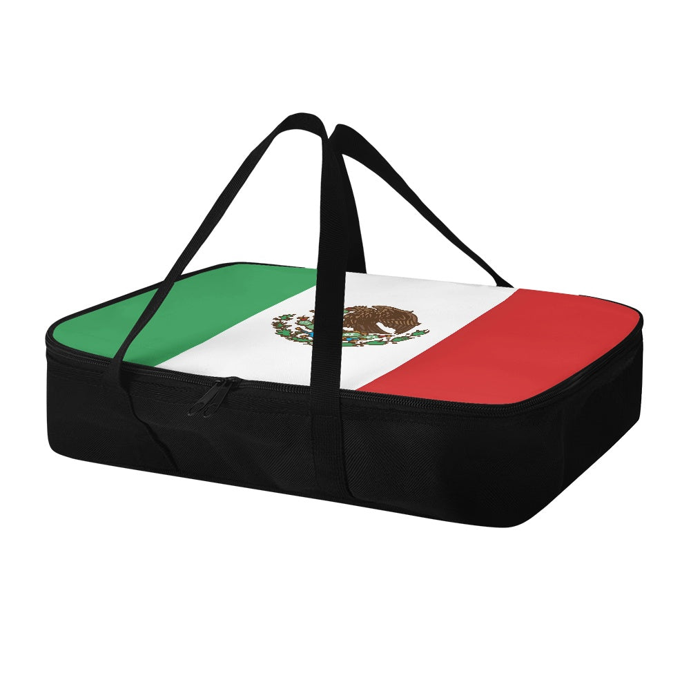 [Brand] casserole carrier with Mexican flag design, black straps.