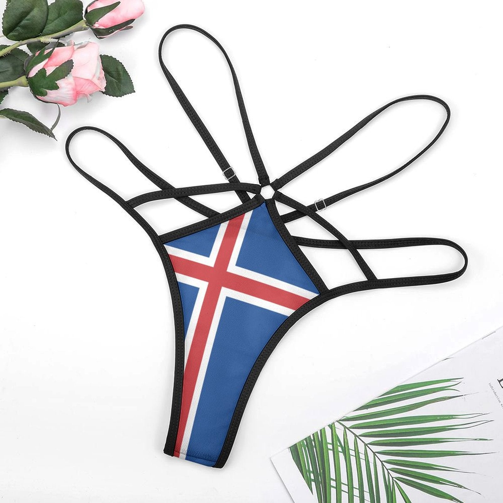 Strappy bikini with Icelandic flag design by [Brand].