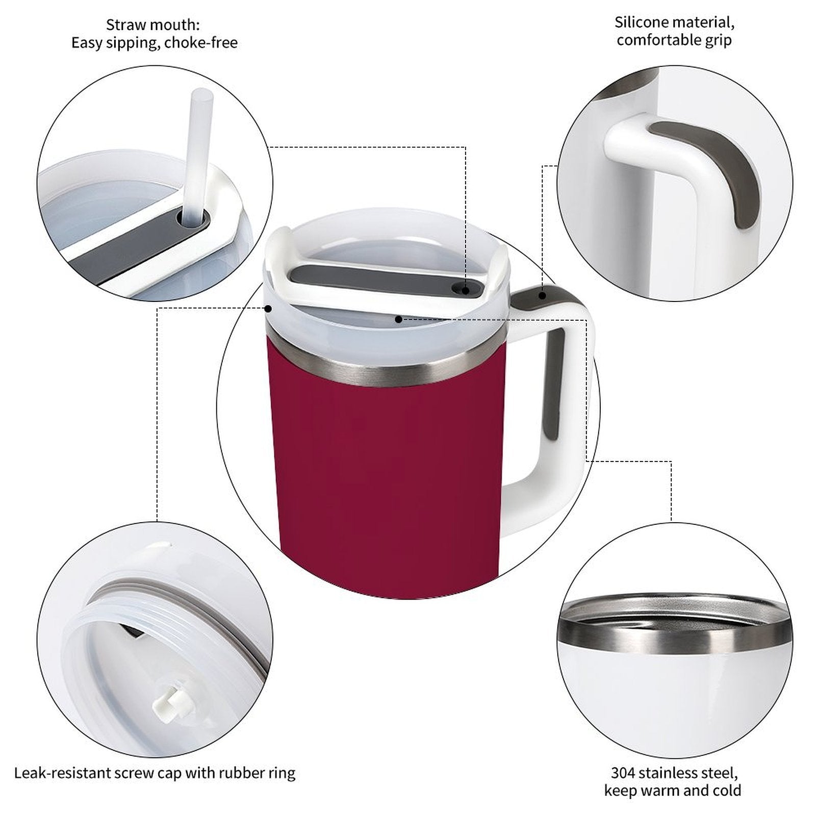 [Brand] red tumbler with straw, silicone handle, and features.