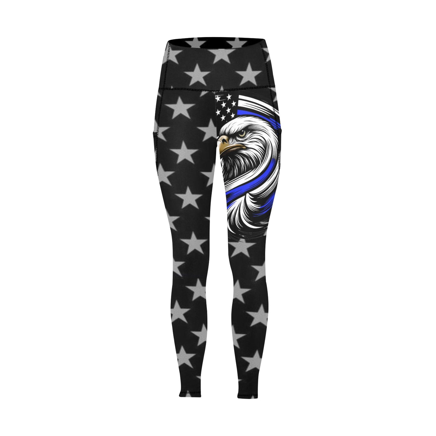 Thin Blue Line Flag Inspired Eagle Women's High Waist Leggings with Pockets