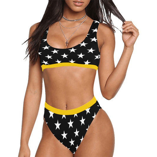 Thin Gold Line Flag Inspired Sport Top & High-Waisted Bikini Swimsuit