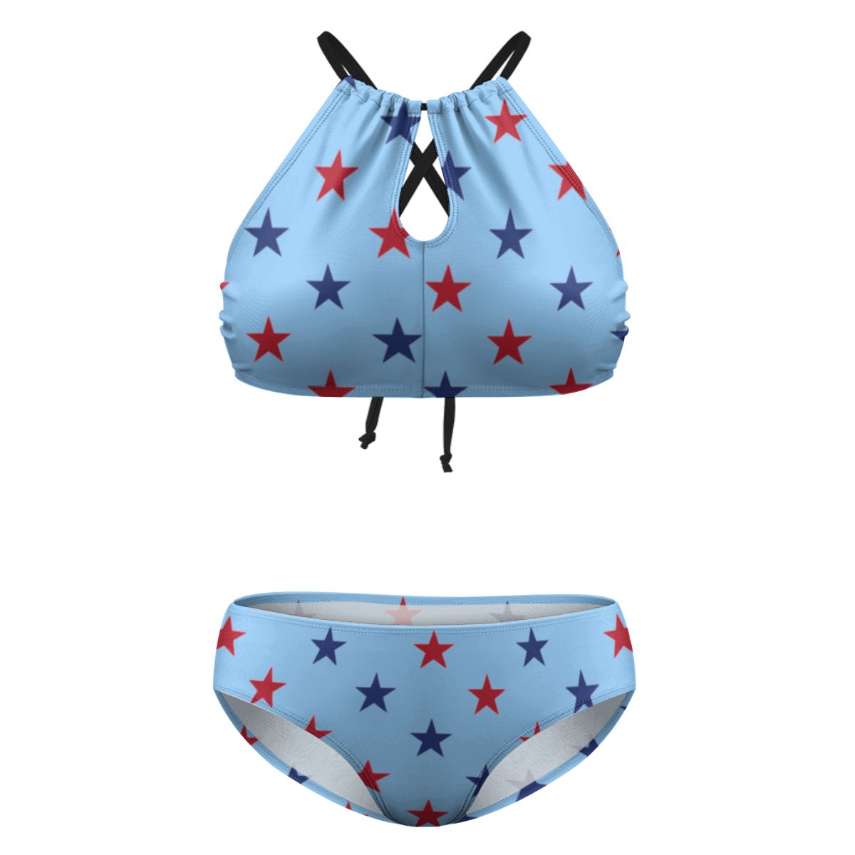 USA/American Flag Inspired Red and Blue Stars Pattern Plus Size High Waisted Bikini Light Blue