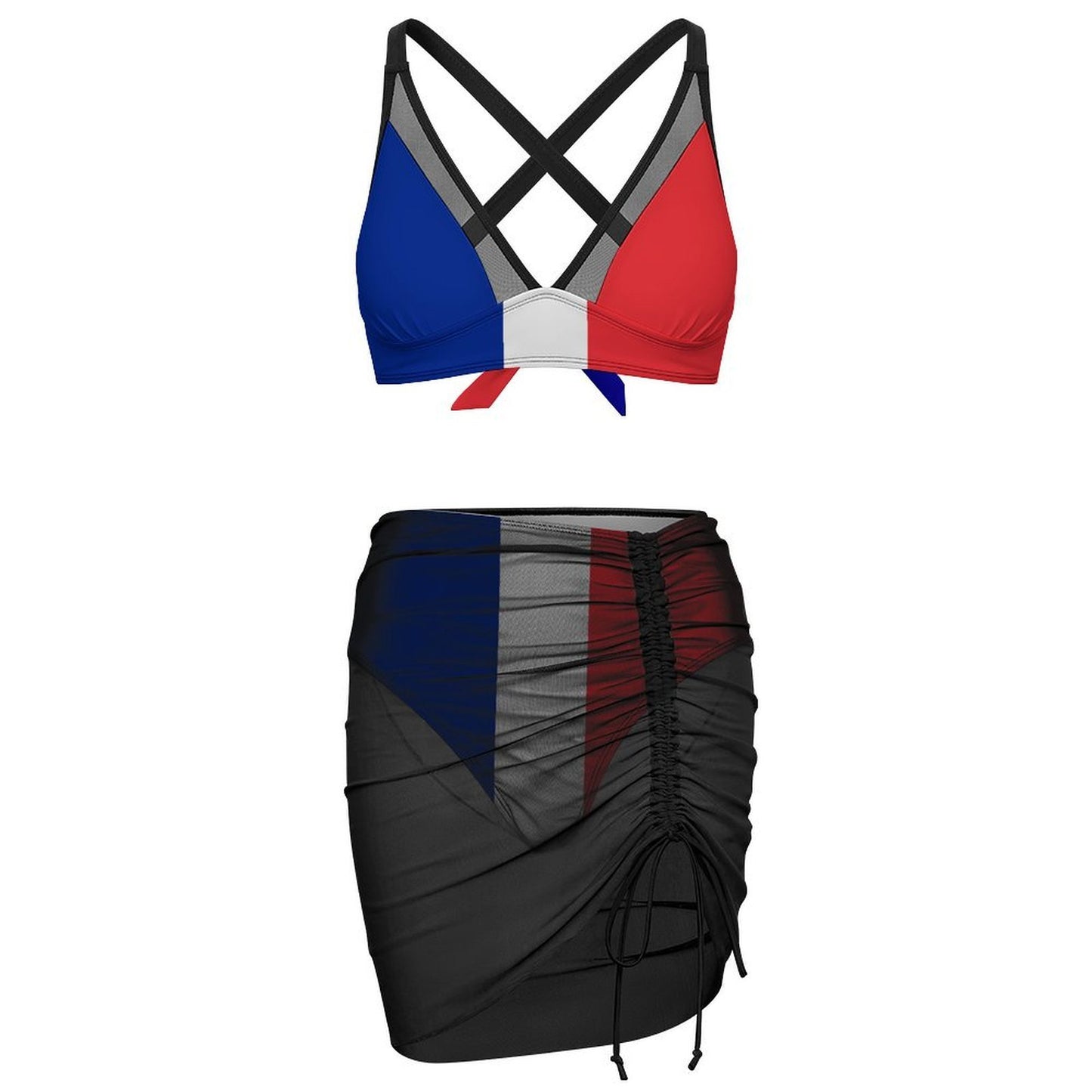 France Flag Inspired Women's Mesh Drawstring Skirt and Swimsuit Set
