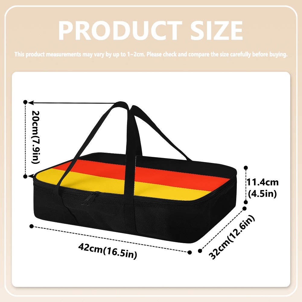 [Brand] black casserole carrier with German flag design, dimensions illustrated.