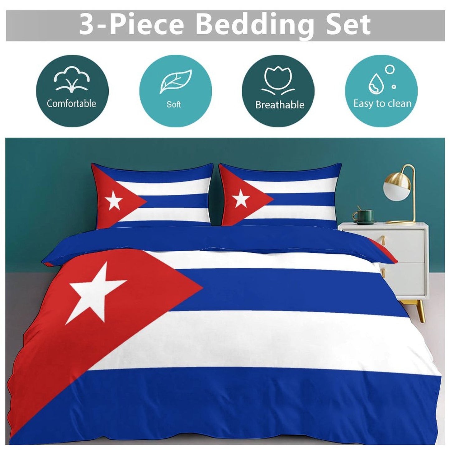 Cuba Flag Inspired 3-Piece Bedding Set (1 Duvet Cover + 2 Pillow Shams) – 102"×90"