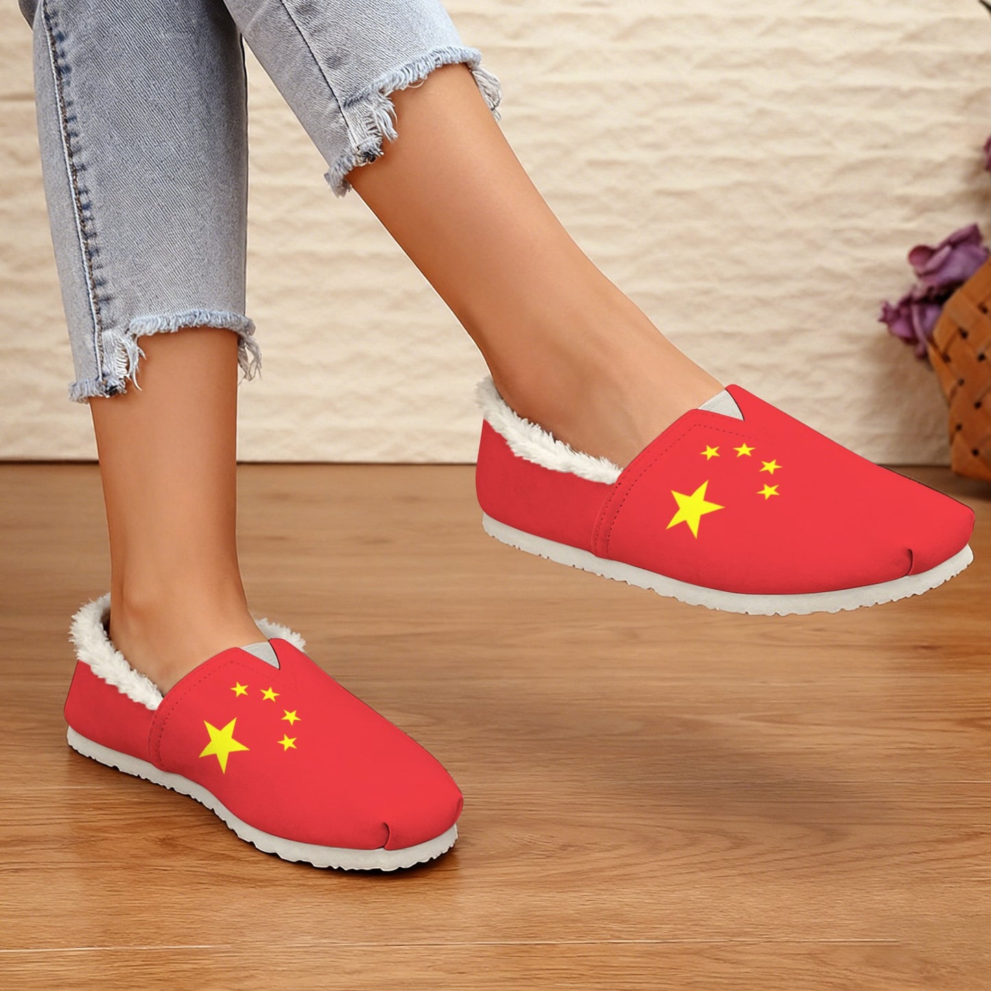 China Flag Inspired Women's Fleece-Lined Canvas Slip-On