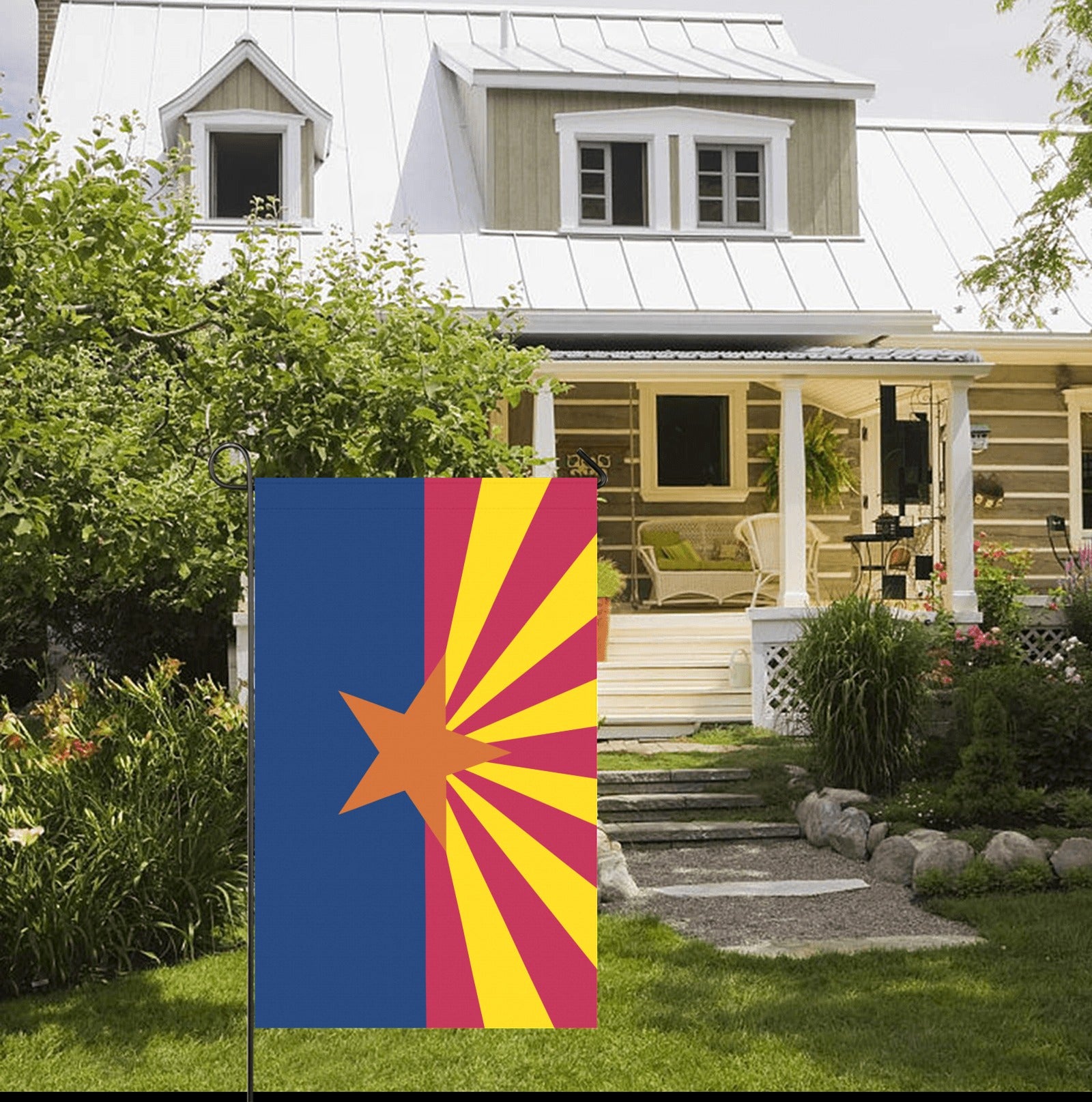Front yard with "Luv My Flag" Arizona flag displayed.