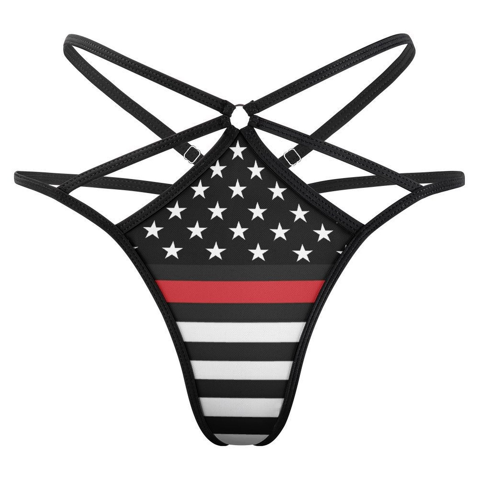 Unique [Brand] star-striped underwear featuring black straps, stylish design.