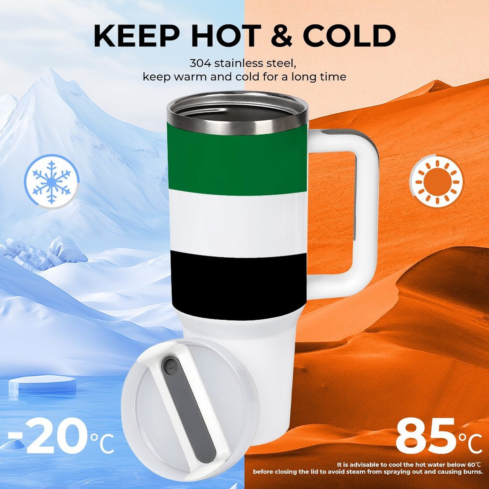 [Brand] mug maintains hot or cold beverages in style.