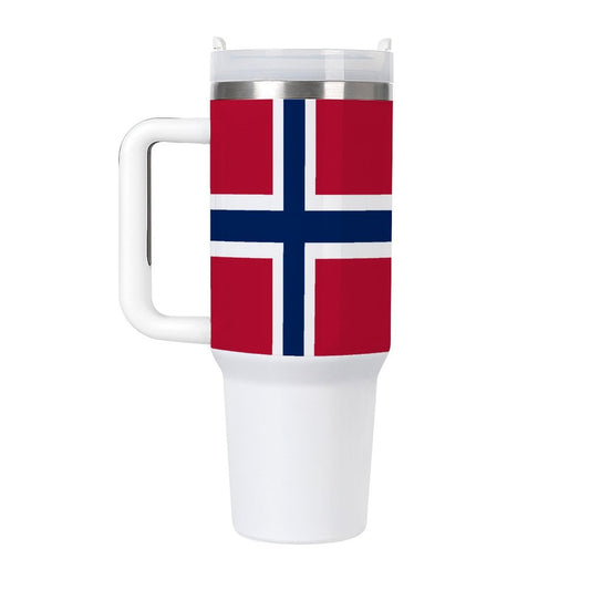 [Brand] travel mug with Norwegian flag design, white handle.