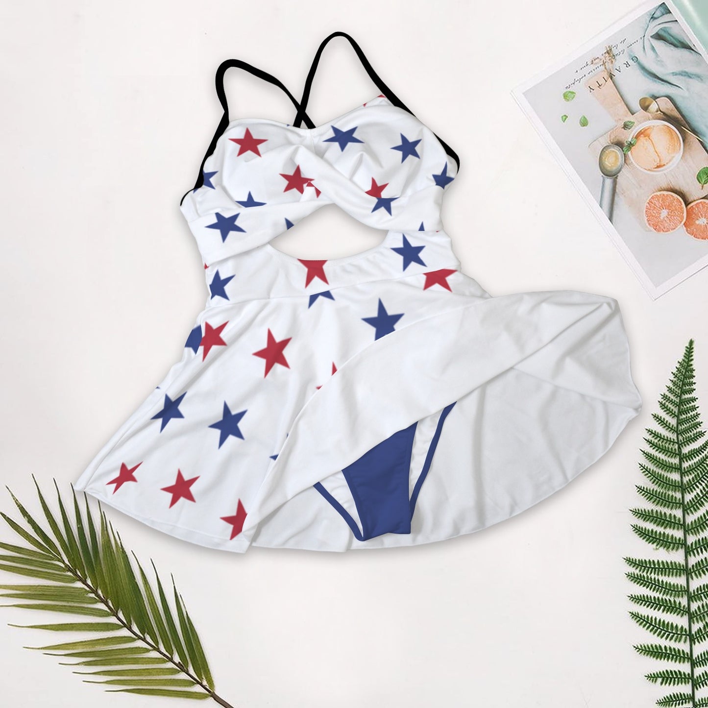 USA/American Flag Inspired Red and Blue Stars Pattern Women's One-Piece Swimsuit with Cutout Crisscross Back