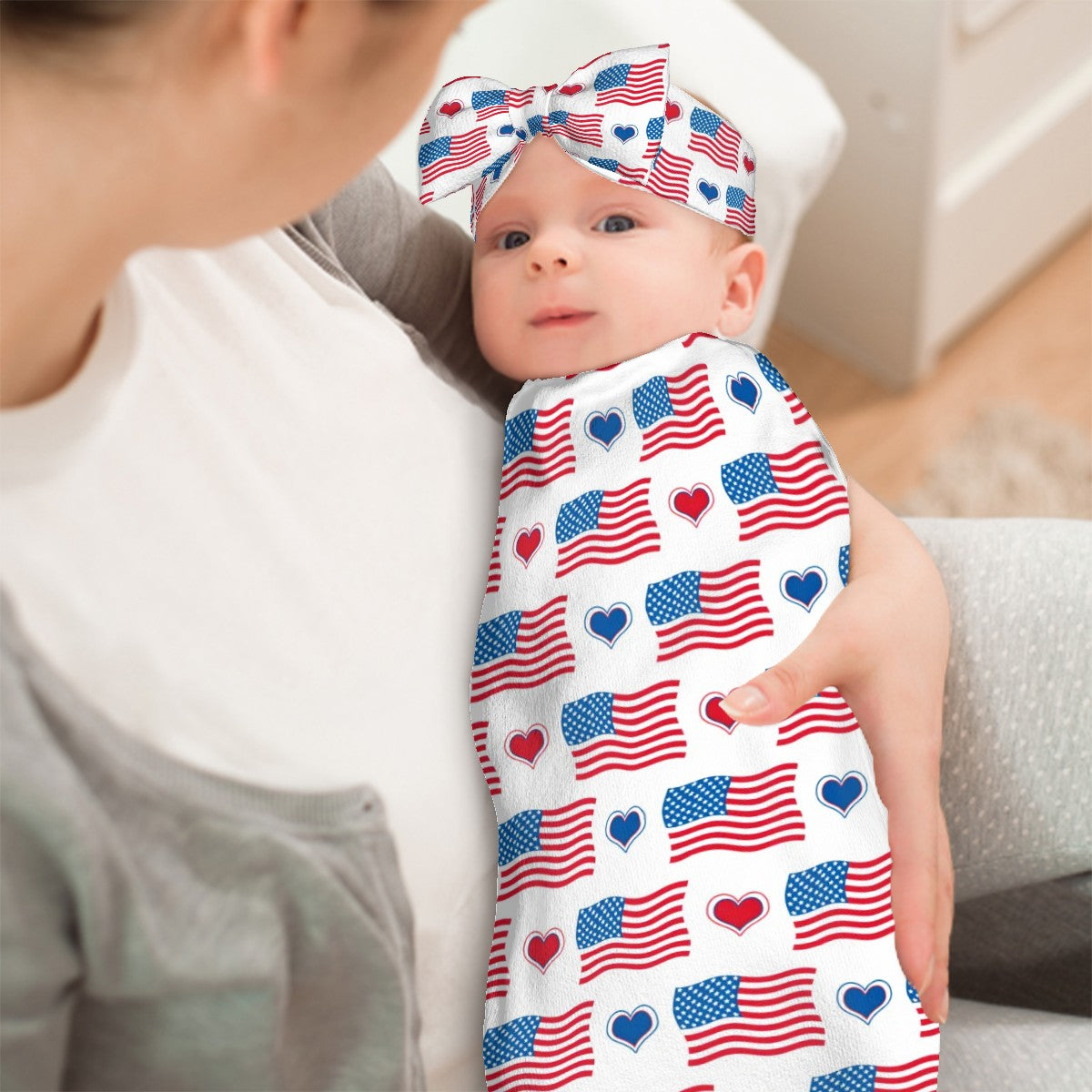 USA/American Flag Inspired Flags and Hearts Pattern Baby Swaddle Sack with Baby Headband