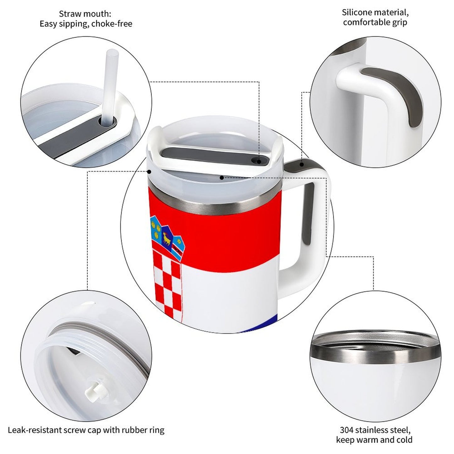 [Brand] mug with straw, silicone grip, stainless steel, insulated.