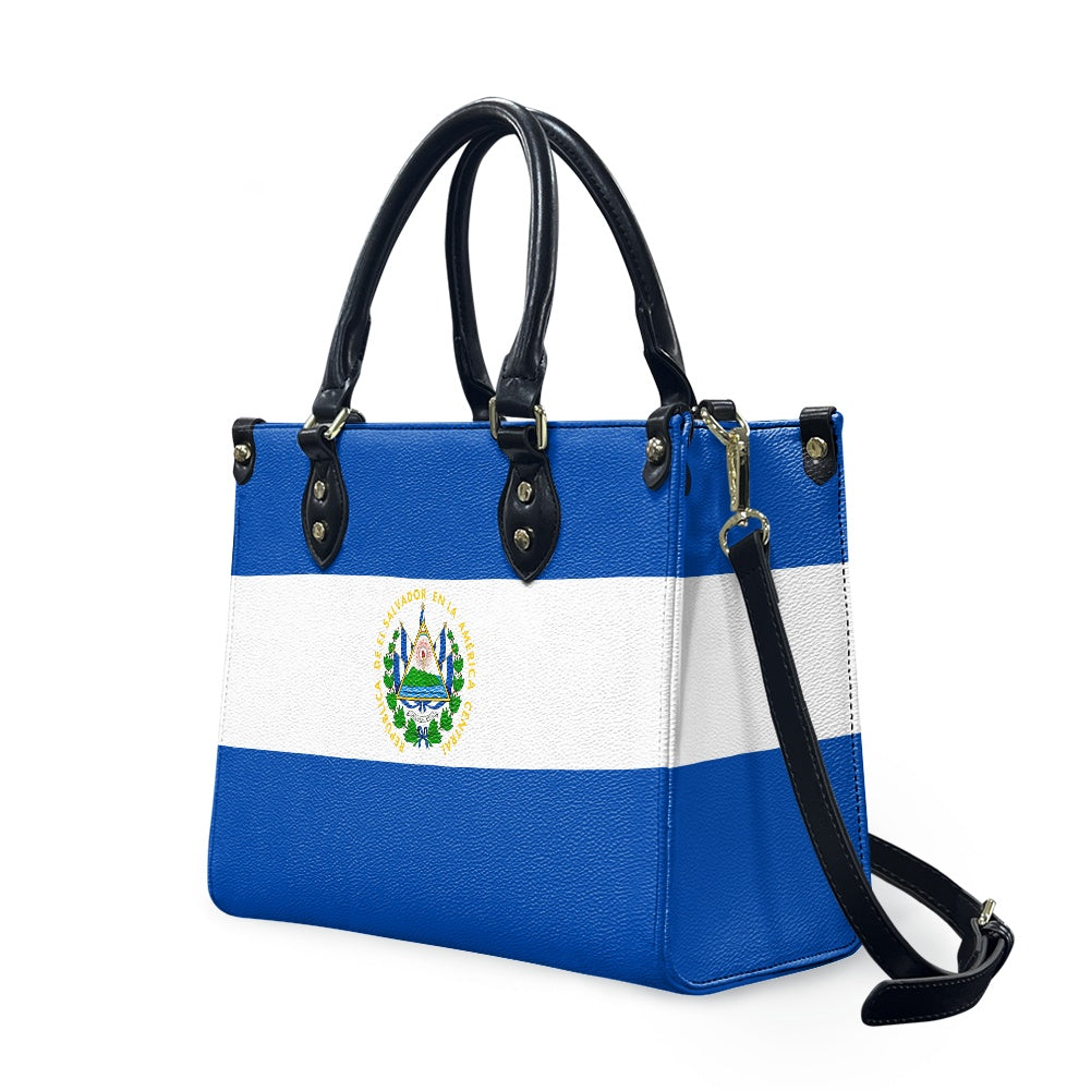 [Brand] handbag featuring El Salvador flag design and emblem.