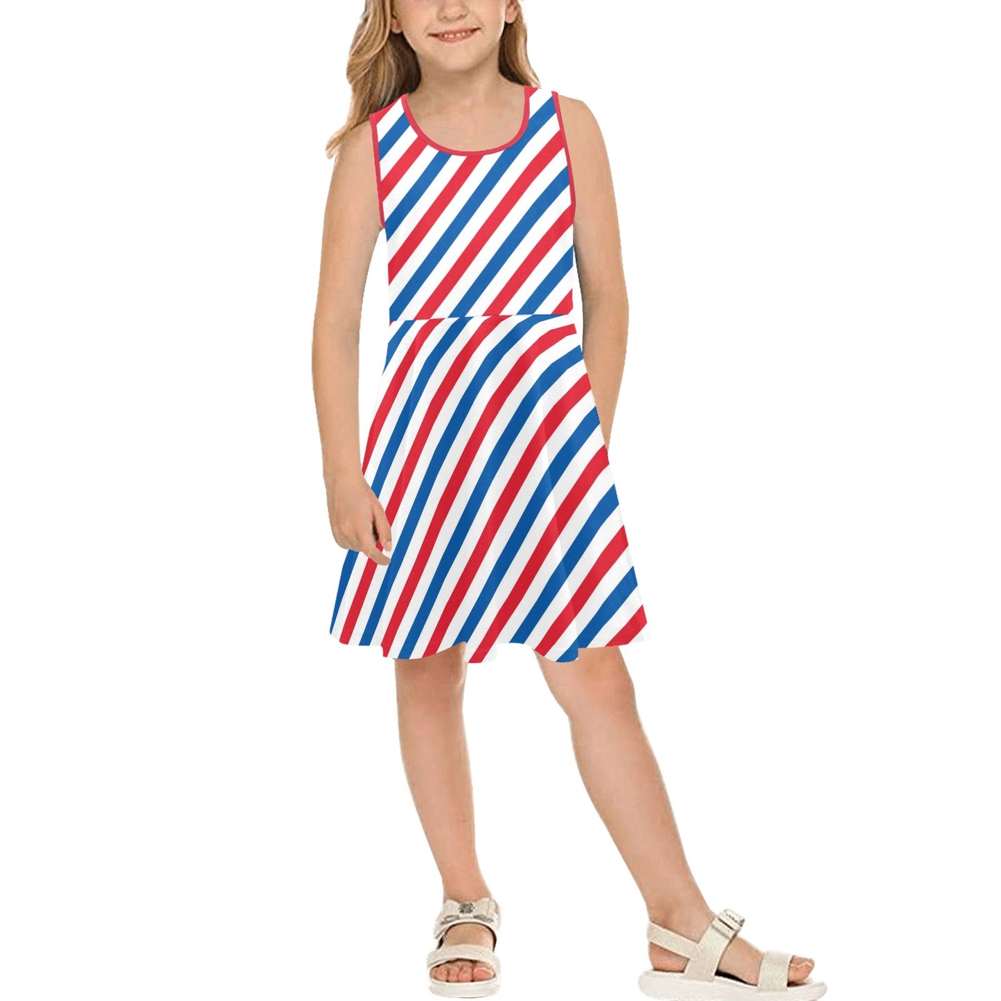 USA/American Flag Inspired Striped Pattern Girls' Sleeveless Sundress | Ships from USA