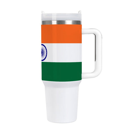 [Brand] mug depicting Indian flag with sturdy white handle.