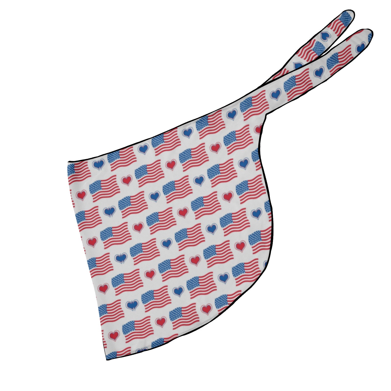 [Brand] scarf with American flags and heart pattern design.