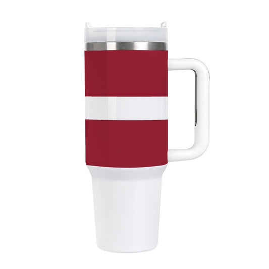 Red and white travel mug with handle by [Brand].