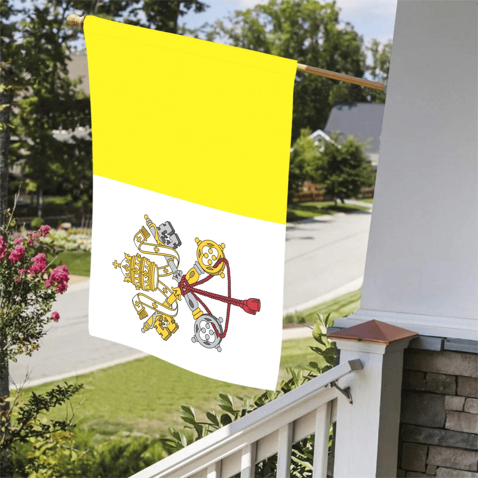 Yellow and white [Luv My Flag] hanging outside on porch.